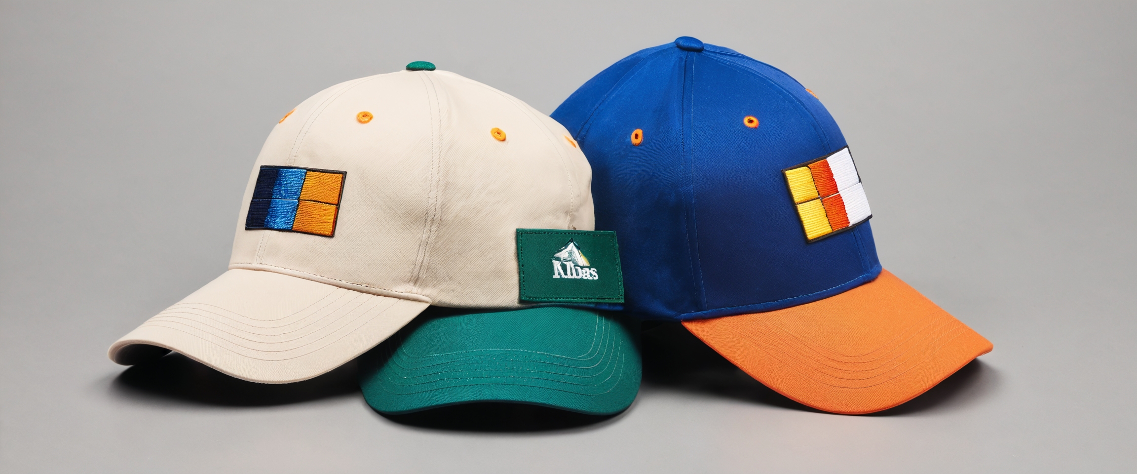 Front camera view of 3 custom embroidered hats